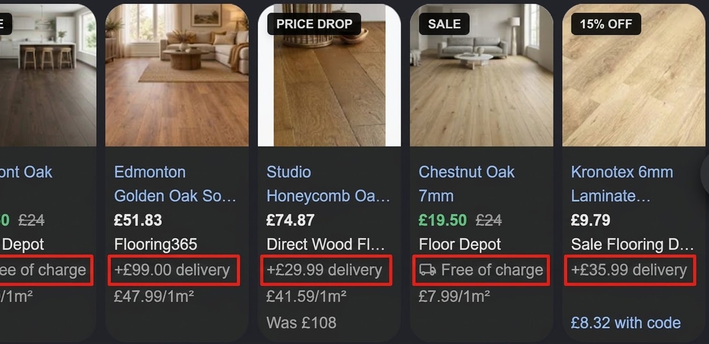 Before Examples for Delivery Charges on Google Shopping Ads