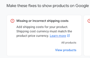 Google Merchant Notice Missing or Incorrect Shipping Costs